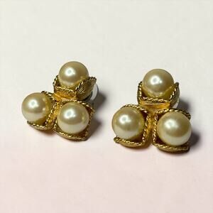 Vintage Gold Tone Faux Pearl Cluster Stud Earrings Leaf Design
